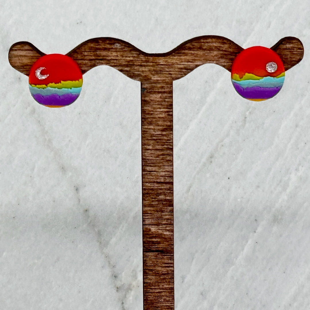 Pair of La Petite Rose's Sun Moon Landscape Clay Stud Earrings (rainbow), hanging