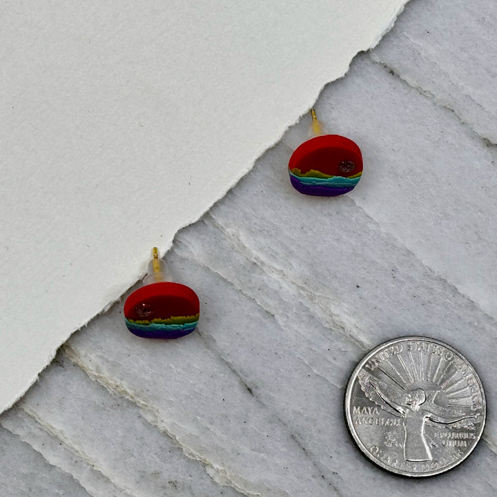 Pair of La Petite Rose's Sun Moon Landscape Clay Stud Earrings (rainbow), with scale