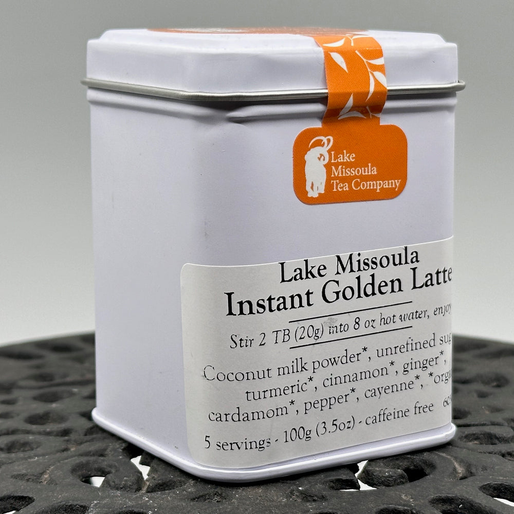 3.5 oz tin of Instant Golden Latte from Lake Missoula Tea Company—the perfect gift of Montana tea; image depicts the side of the tin