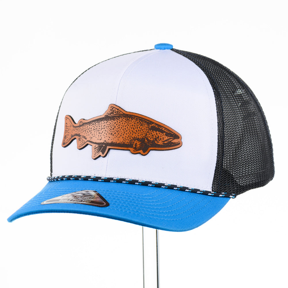 Etched Leather Trout Patch Tri-Colored Trucker Hat w/ Rope, featuring a real leather patch cut into the shape of a trout and etched with detail—handmade in Montana, USA by Last Best Supply Co.