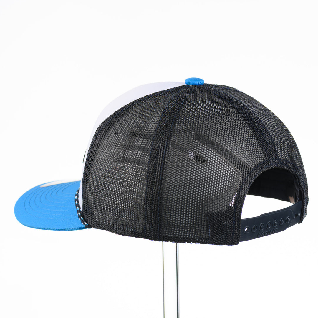 Etched Leather Trout Patch Tri-Colored Trucker Hat w/ Rope, featuring a real leather patch cut into the shape of a trout and etched with detail—handmade in Montana, USA by Last Best Supply Co.