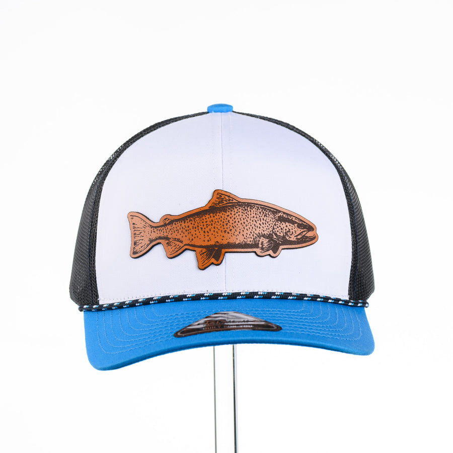 Etched Leather Trout Patch Tri-Colored Trucker Hat w/ Rope, featuring a real leather patch cut into the shape of a trout and etched with detail—handmade in Montana, USA by Last Best Supply Co.