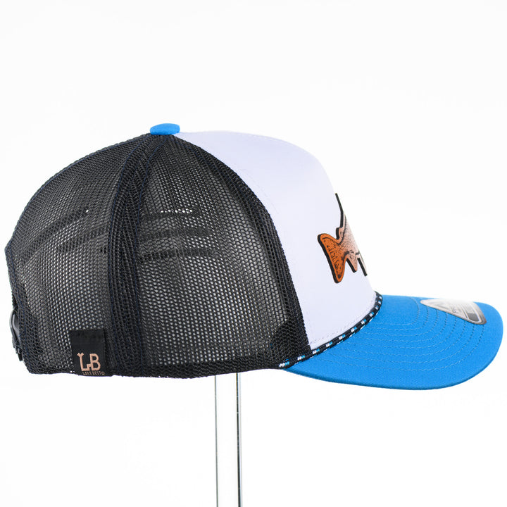 Etched Leather Trout Patch Tri-Colored Trucker Hat w/ Rope, featuring a real leather patch cut into the shape of a trout and etched with detail—handmade in Montana, USA by Last Best Supply Co.