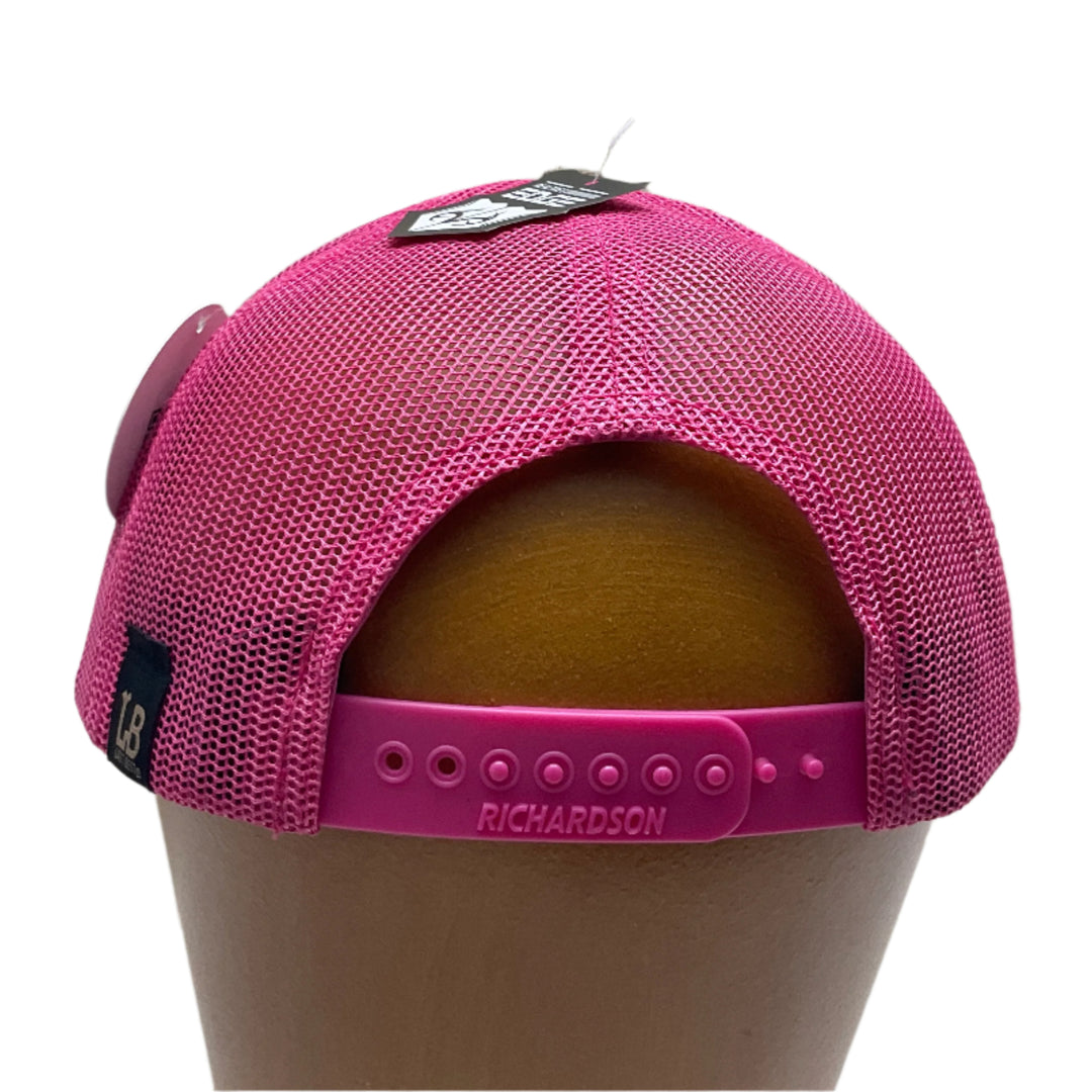 Back of an Explore Glacier National Park Wood Patch on Real Tree Pink Camo Richardson Hat, featuring a rectangular, real wood veneer patch etched with Glacier National Park and a bighorn sheep, laminated to a pink anodized metal plate, and then riveted to an Real Tree camo and pink Richardson 112 trucker hat—handmade in Montana, USA by Last Best Supply Co.