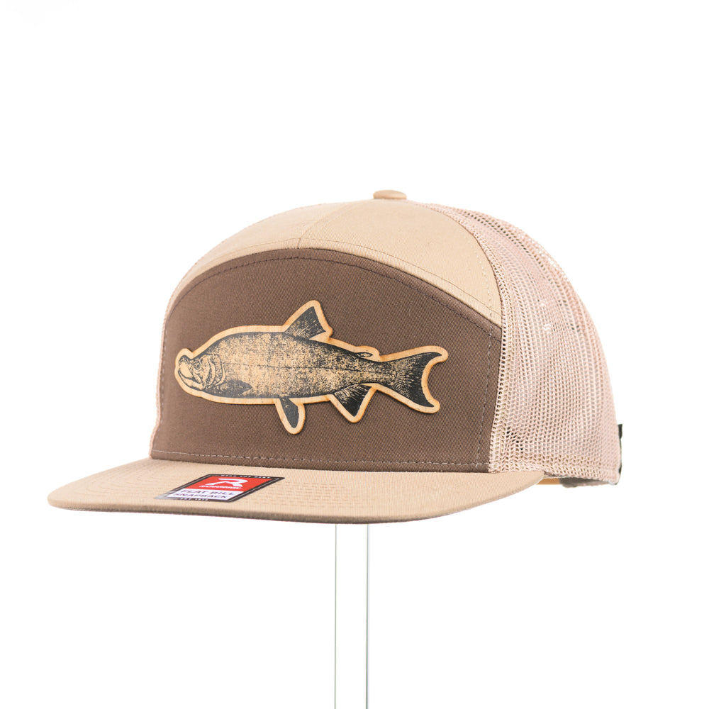 Flexwood Chinook Richardson Flat Bill Trucker Cap featuring a premium flexwood patch in the shape of a Chinook salmon, handmade in Montana, USA by Last Best Supply Co.