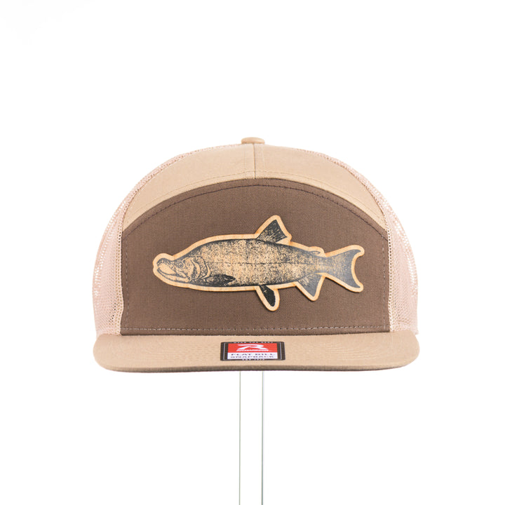 Flexwood Chinook Richardson Flat Bill Trucker Cap featuring a premium flexwood patch in the shape of a Chinook salmon, handmade in Montana, USA by Last Best Supply Co.