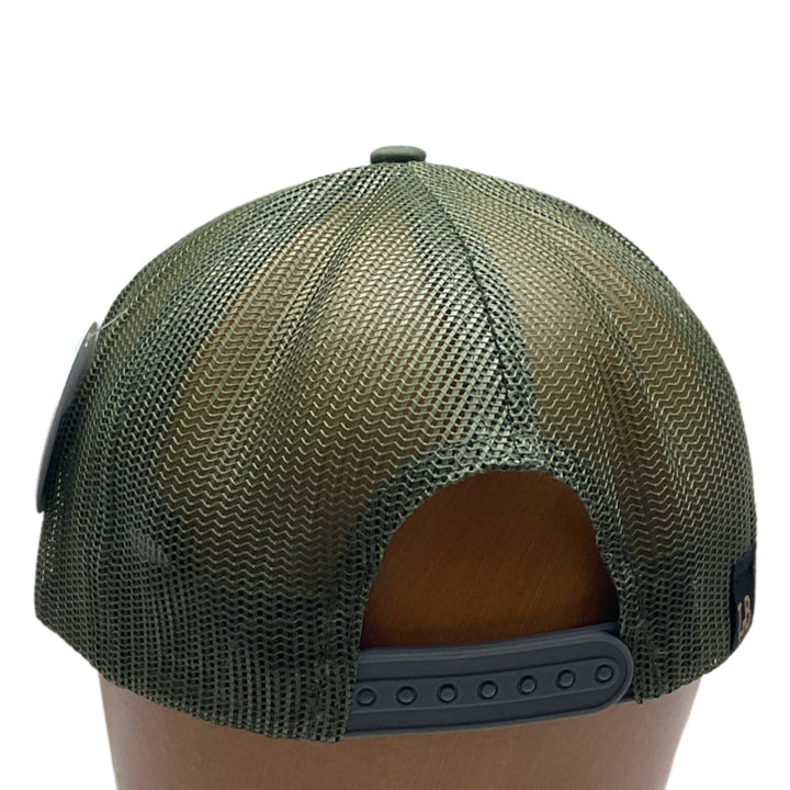 Back of a Morel Flexwood Patch & Olive Green Trucker Hat, featuring a Flexwood patch cut into the shape of a morel mushroom, etched with fine details, and securely attached to a forest green mesh back trucker hat—handmade in Montana, USA by Last Best Supply Co.