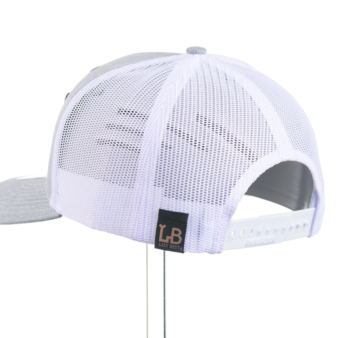 White mesh cap with gray brim and 'LB' logo on a white background