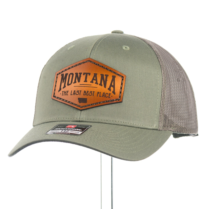 Green Richardson 112 hat with a leather patch displaying 'Montana The Last Best Place' on a white background.