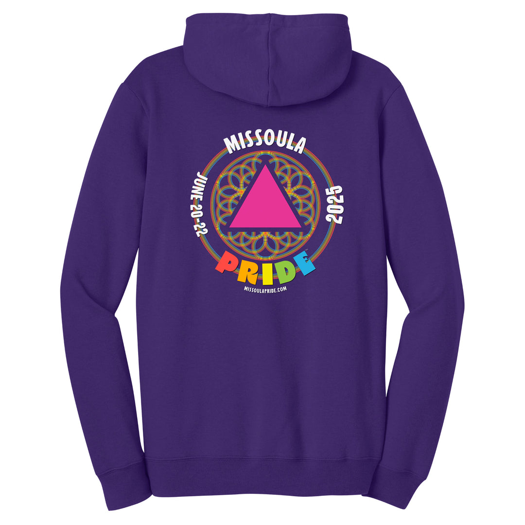 Missoula Pride 2025 Unisex Pullover Hoodie featuring the 2025 Missoula Pride design by local artist T.Lyle, designed and decorated in Missoula, MT, USA