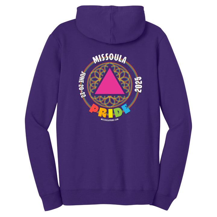 Missoula Pride 2025 Unisex Pullover Hoodie featuring the 2025 Missoula Pride design by local artist T.Lyle, designed and decorated in Missoula, MT, USA