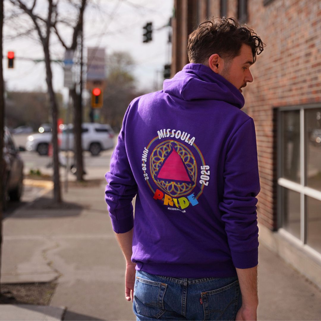Missoula Pride 2025 Unisex Pullover Hoodie featuring the 2025 Missoula Pride design by local artist T.Lyle, designed and decorated in Missoula, MT, USA
