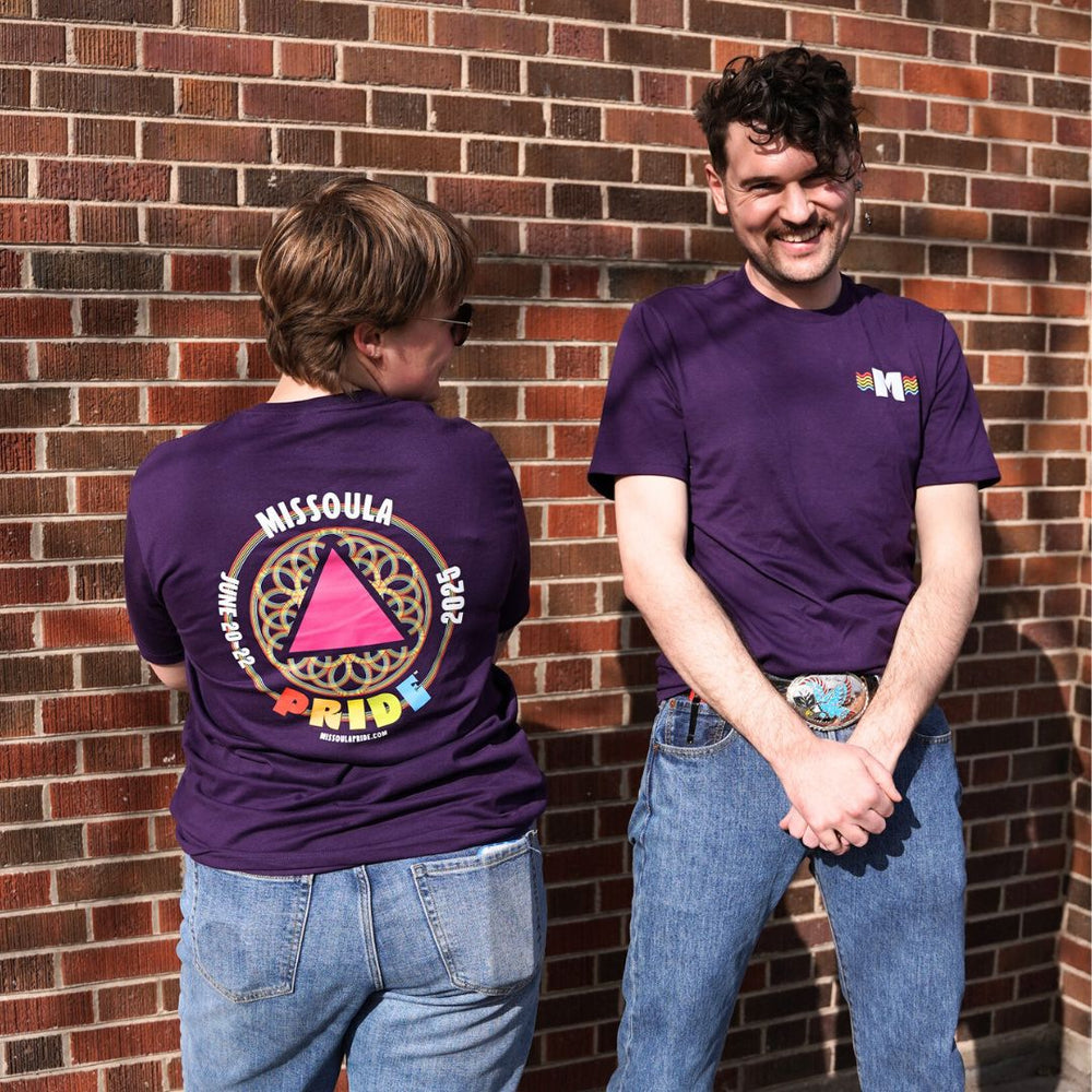 Missoula Pride 2025 Unisex T-Shirt featuring the 2025 Missoula Pride design by local artist T.Lyle, designed and decorated in Missoula, MT, USA