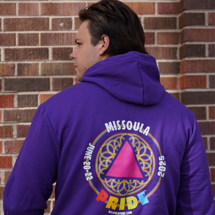 Missoula Pride 2025 Unisex Zip-up Hoodie featuring the 2025 Missoula Pride design by local artist T.Lyle, designed and decorated in Missoula, MT, USA