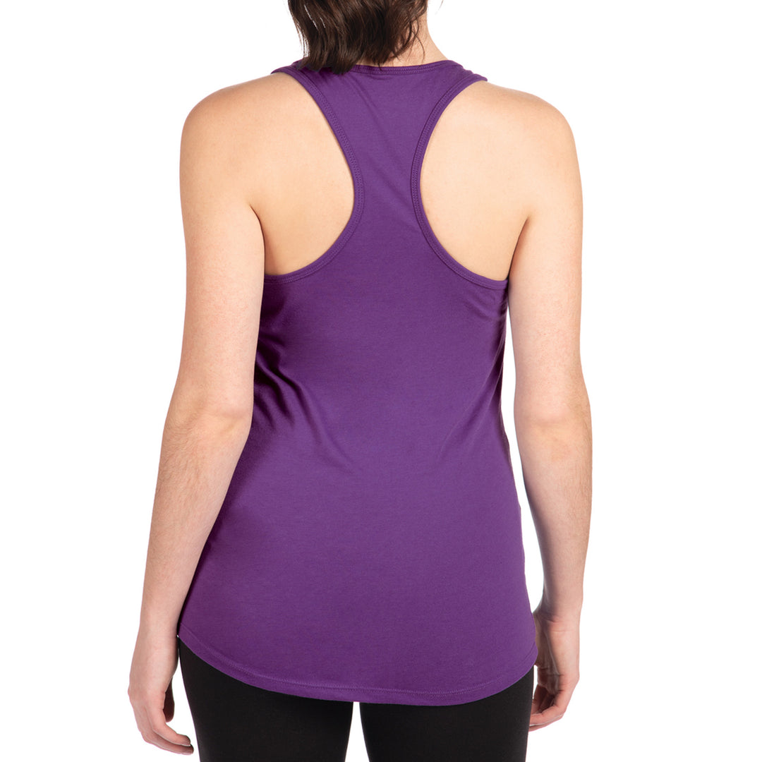 The back of a purple ladies tank top with the Missoula Pride 2025 design on the front--made in Missoula, MT USA as part of The Last Best Store's merchandise-based fundraising program.