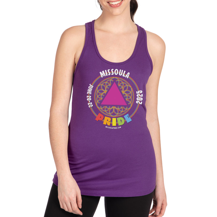 A purple ladies' tank top with the Missoula Pride 2025 design printed on the front--made in Missoula, MT USA as part of The Last Best Store's merchandise-based fundraising program.