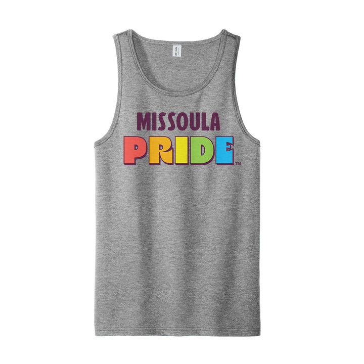 Grey all-gender / unisex tank top featuring the Missoula Pride logo made in Montana, USA; a portion of sales are donated to the Missoula Pride fundraiser.