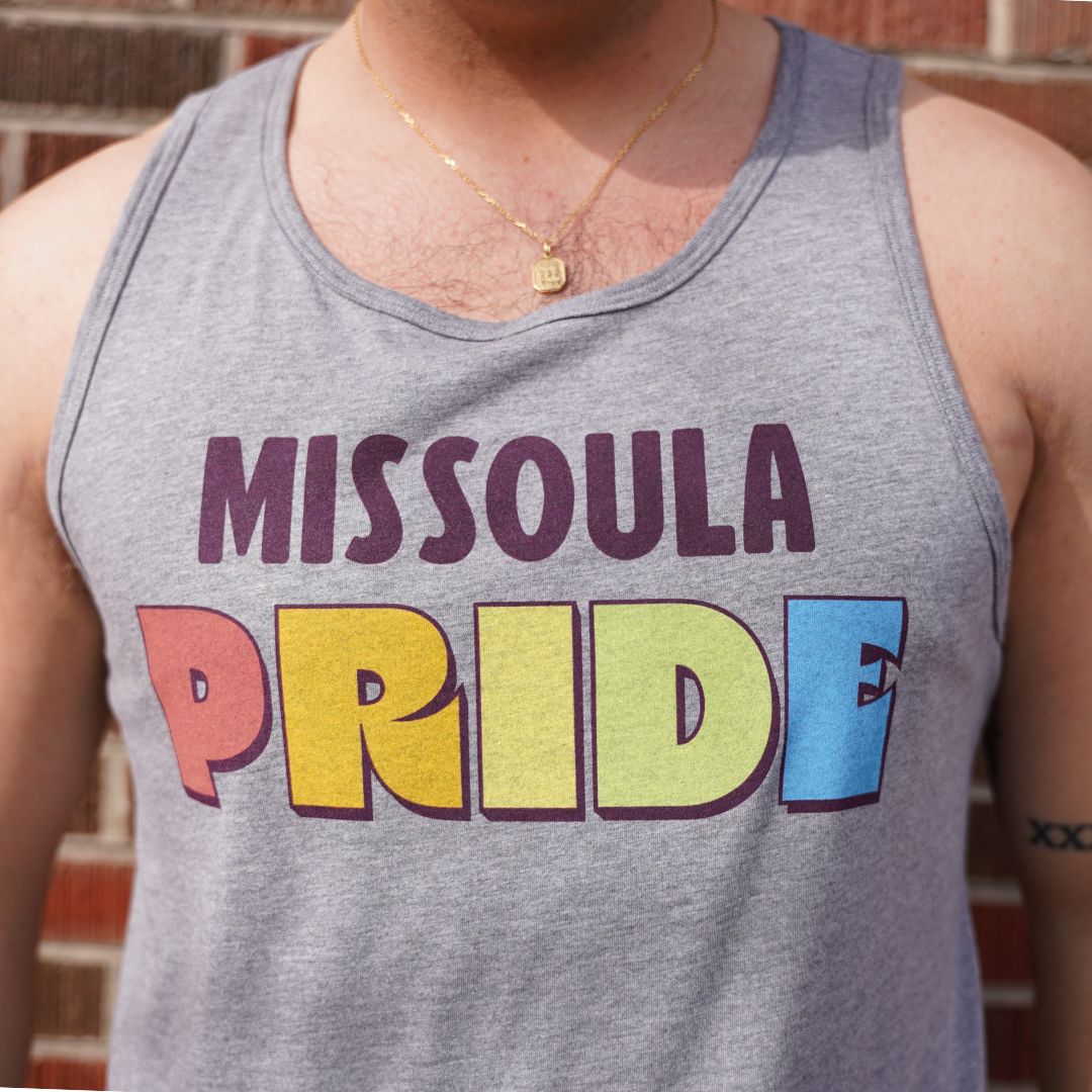 Grey all-gender / unisex tank top featuring the Missoula Pride logo made in Montana, USA; a portion of sales are donated to the Missoula Pride fundraiser.