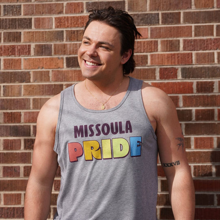 Grey all-gender / unisex tank top featuring the Missoula Pride logo made in Montana, USA; a portion of sales are donated to the Missoula Pride fundraiser.