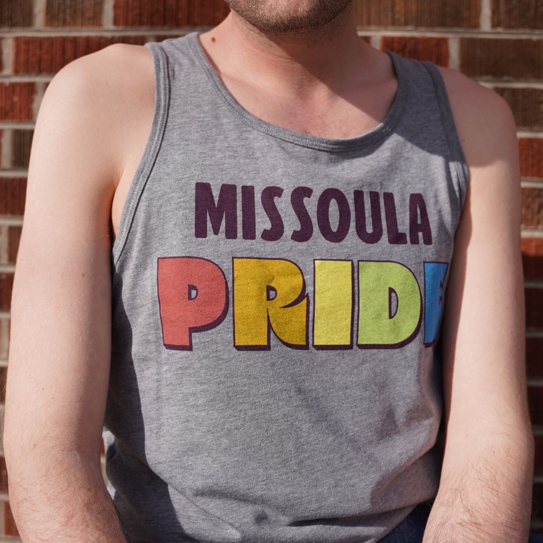 Grey all-gender / unisex tank top featuring the Missoula Pride logo made in Montana, USA; a portion of sales are donated to the Missoula Pride fundraiser.