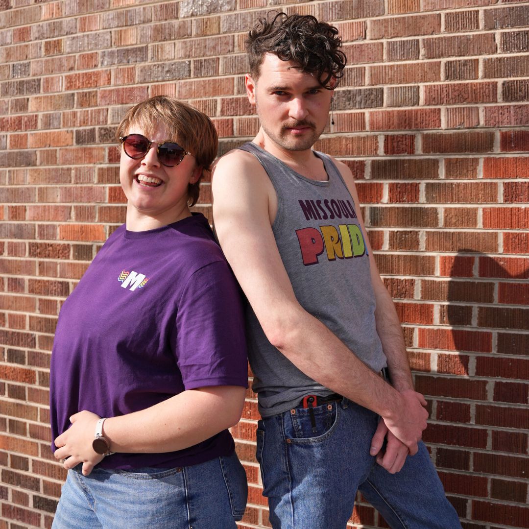 Grey all-gender / unisex tank top featuring the Missoula Pride logo made in Montana, USA; a portion of sales are donated to the Missoula Pride fundraiser.