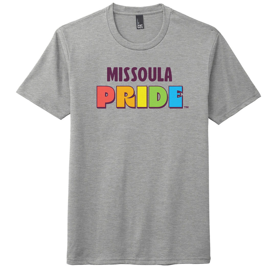 Grey all-gender / unisex t-shirt featuring the Missoula PRIDE logo made in Montana, USA; a portion of sales are donated to the Missoula Pride fundraiser.
