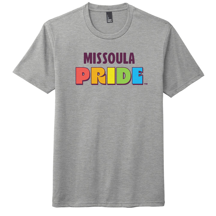 Grey all-gender / unisex t-shirt featuring the Missoula PRIDE logo made in Montana, USA; a portion of sales are donated to the Missoula Pride fundraiser.