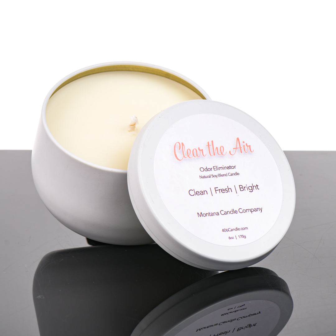 Clear The Air Candle natural soy blend candle (with a clean, fresh, and bright scent) in a 6 oz. white jar, handmade in Montana USA by Montana Candle Company