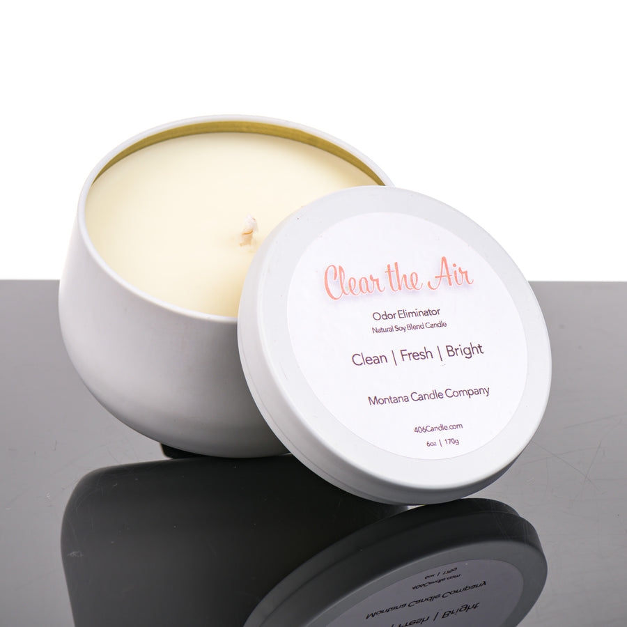 Clear The Air Candle natural soy blend candle (with a clean, fresh, and bright scent) in a 6 oz. white jar, handmade in Montana USA by Montana Candle Company