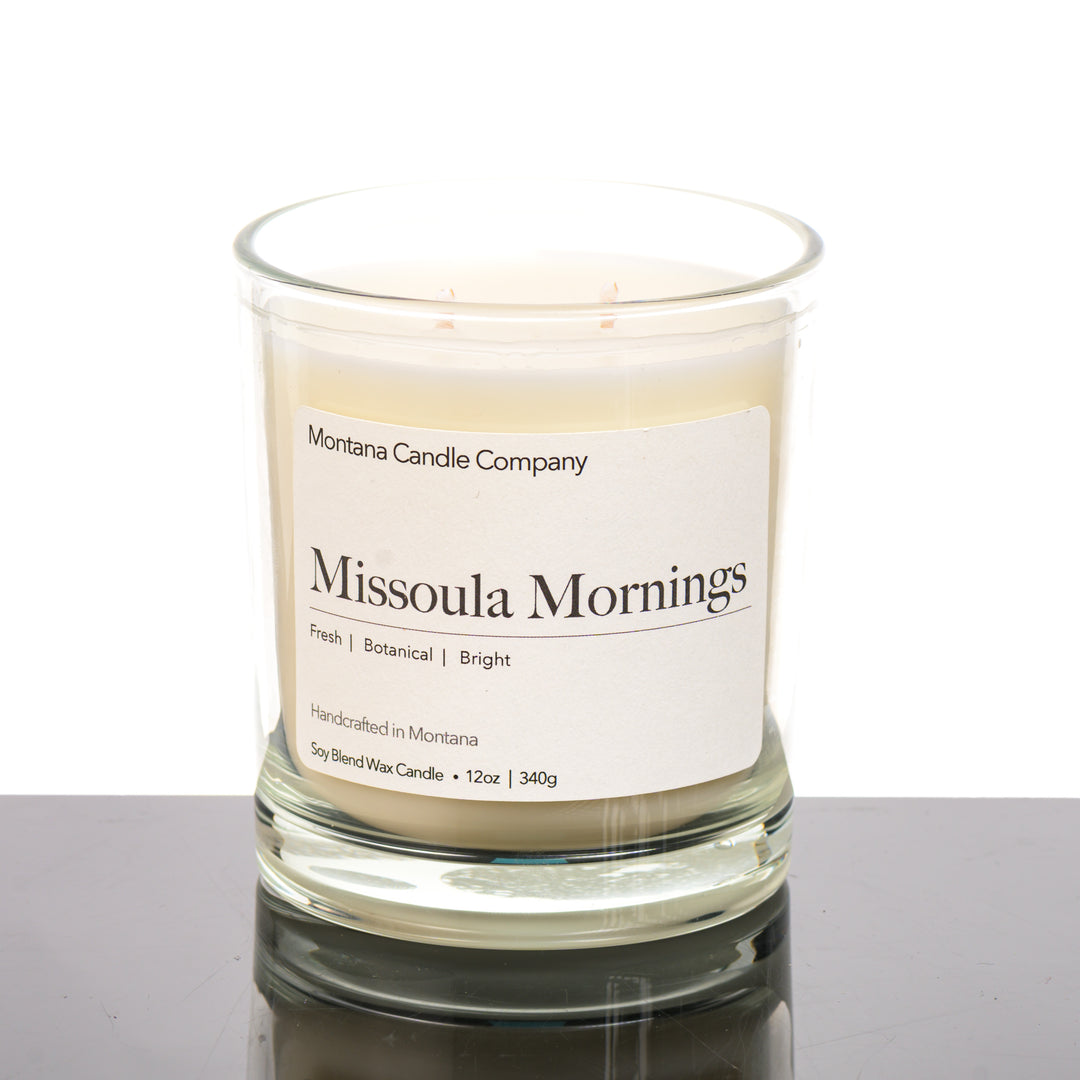 Missoula Mornings Candle soy blend candle handmade in Missoula, Montana by Montana Candle Company, with a fresh, bright, botanical scent, 12 oz. glass tumbler (frosted)