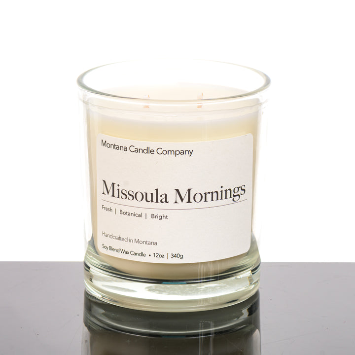 Missoula Mornings Candle soy blend candle handmade in Missoula, Montana by Montana Candle Company, with a fresh, bright, botanical scent, 12 oz. glass tumbler (frosted)