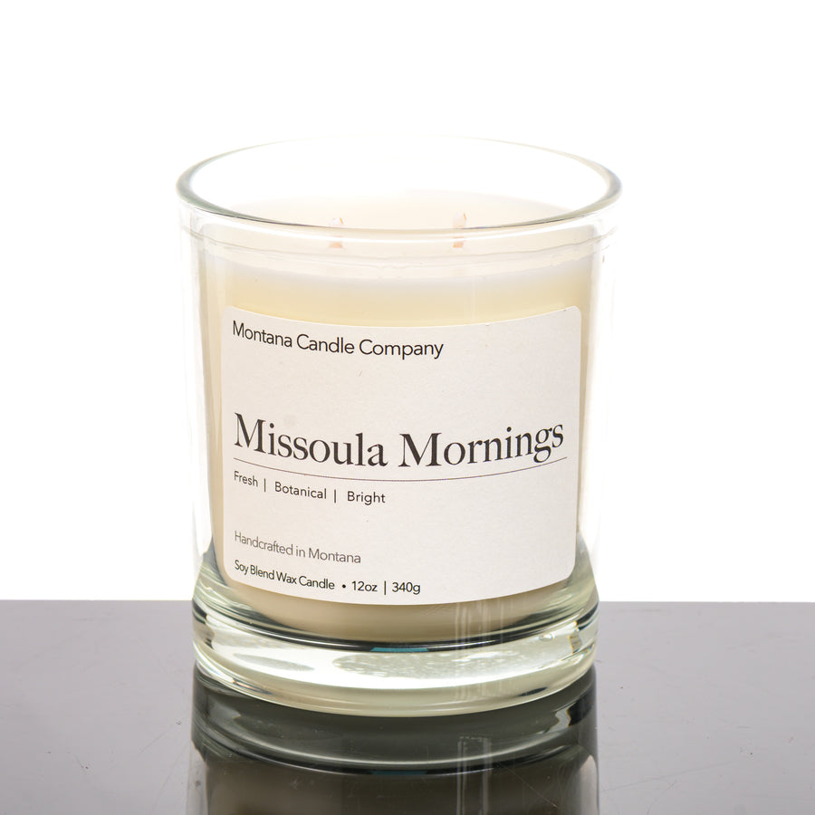 Missoula Mornings Candle soy blend candle handmade in Missoula, Montana by Montana Candle Company, with a fresh, bright, botanical scent, 12 oz. glass tumbler (frosted)