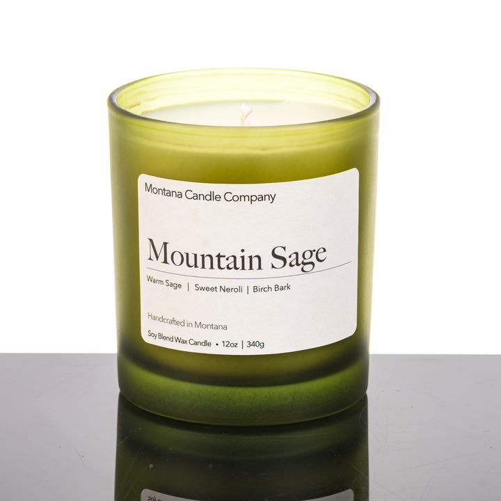 Welcome Mountain Sage Candle natural soy blend candle (with a sage and sweet neroli scent) in a 12 oz. glass tumbler, handmade in Montana USA by Montana Candle Company