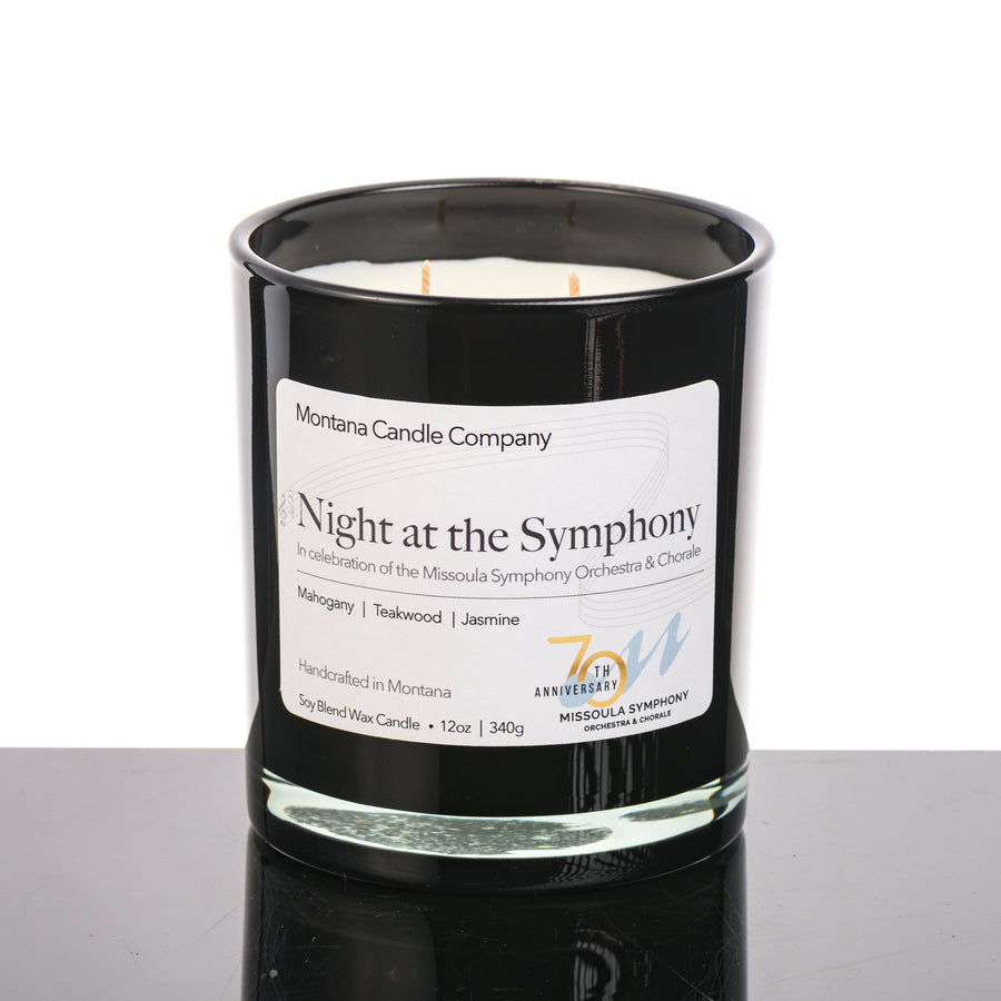 Night at the Symphony Candle (mahogany, teakwood, and jasmine scents) in a 12 oz. glass tumbler (black), made in Montana USA by Montana Candle Company
