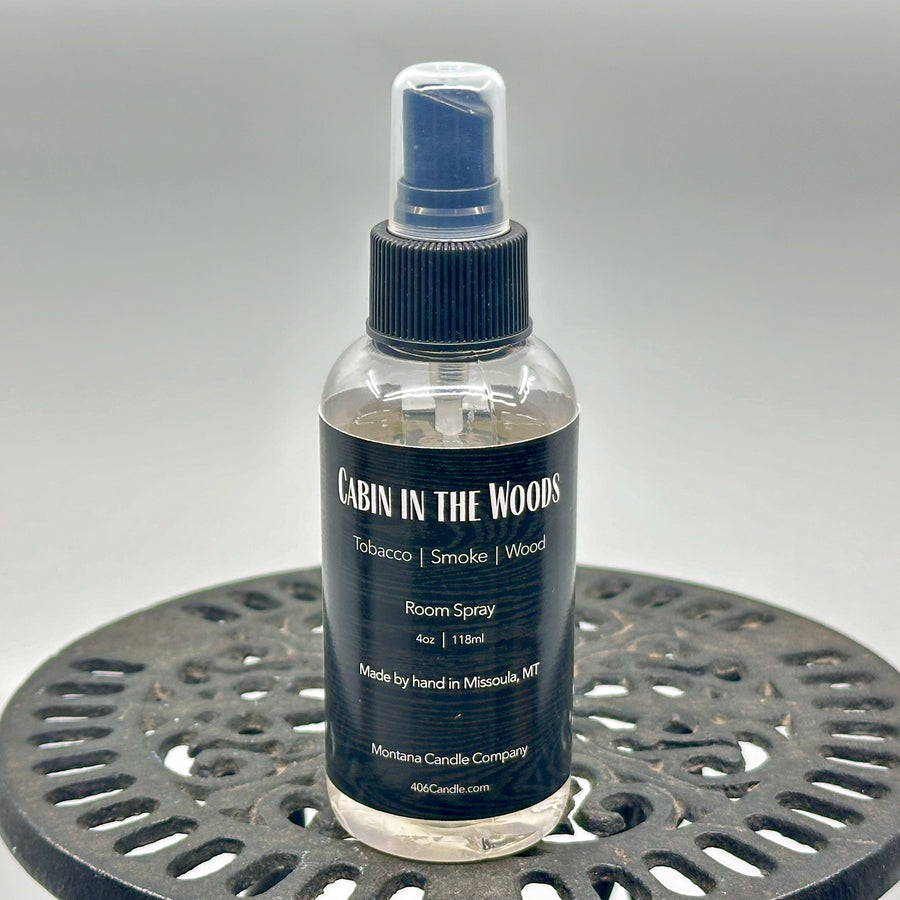 Cabin in the Woods Room Spray—room and linen freshener handmade in Missoula, Montana USA by Montana Candle Company, with a blend of tobacco, smoke, and wood scents, 4 oz. bottle