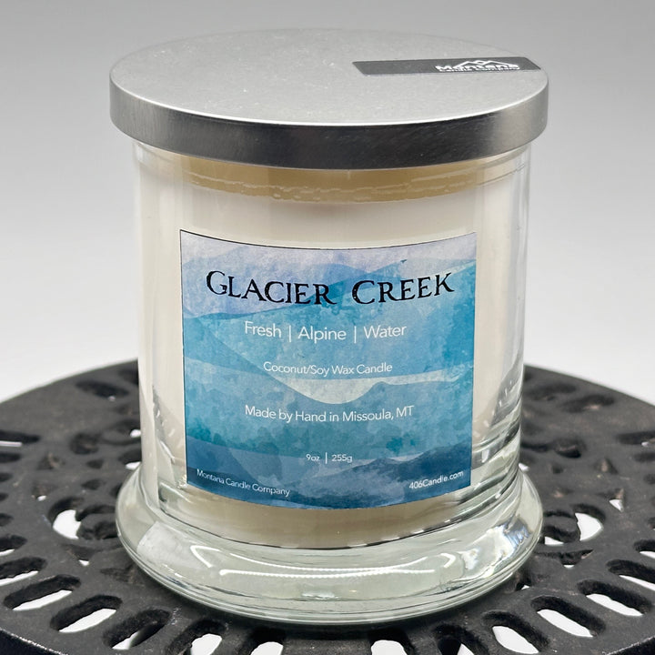 Glacier Creek Candle soy blend candle handmade in Missoula, Montana by Montana Candle Company, with a fresh alpine scent, 9 oz. glass tumbler