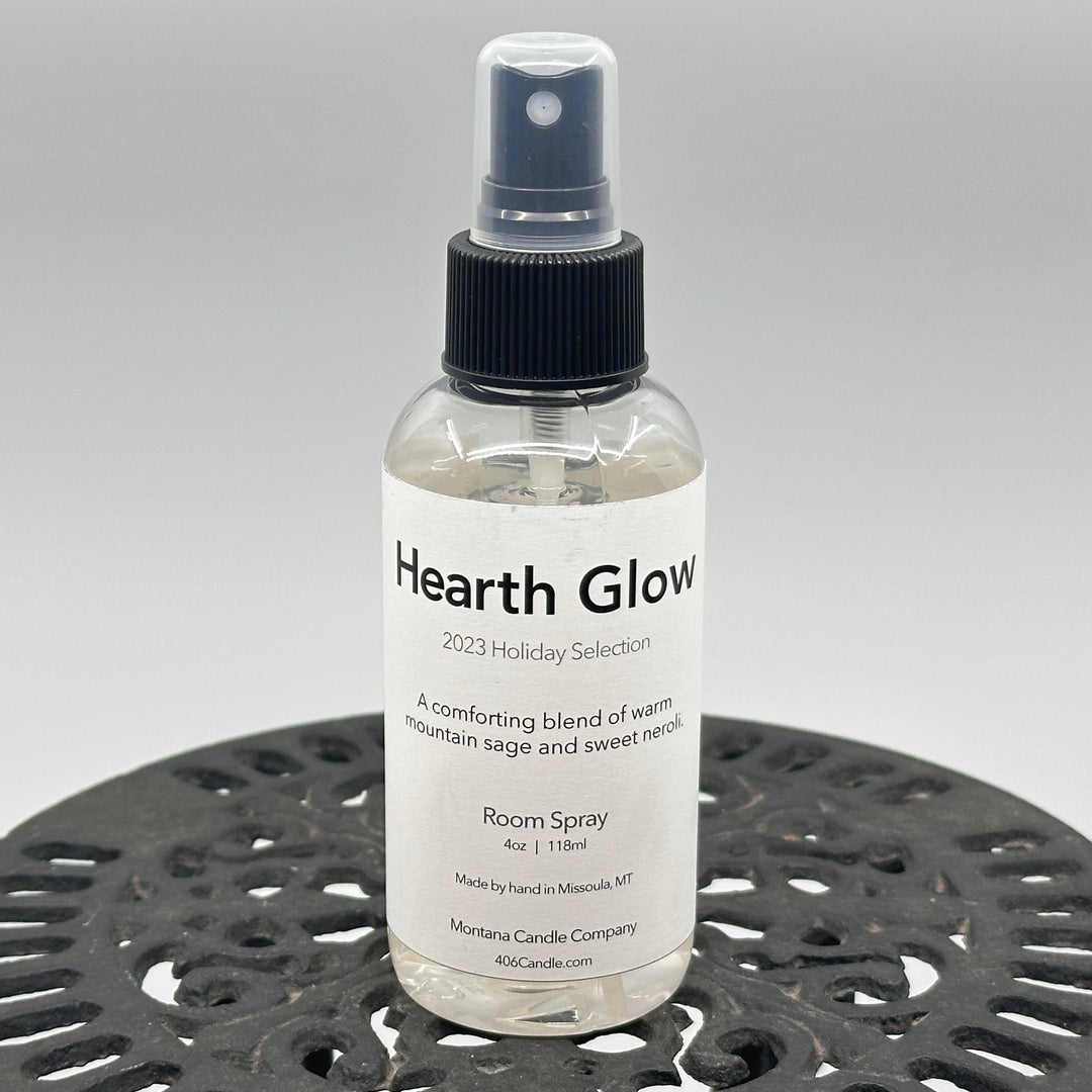Hearth Glow Room Spray—room and linen freshener handmade in Missoula, Montana USA by Montana Candle Company, with a blend of pure mountain sage and sweet neroli, 4 oz. spray bottle