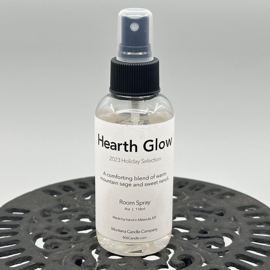 Hearth Glow Room Spray—room and linen freshener handmade in Missoula, Montana USA by Montana Candle Company, with a blend of pure mountain sage and sweet neroli, 4 oz. spray bottle