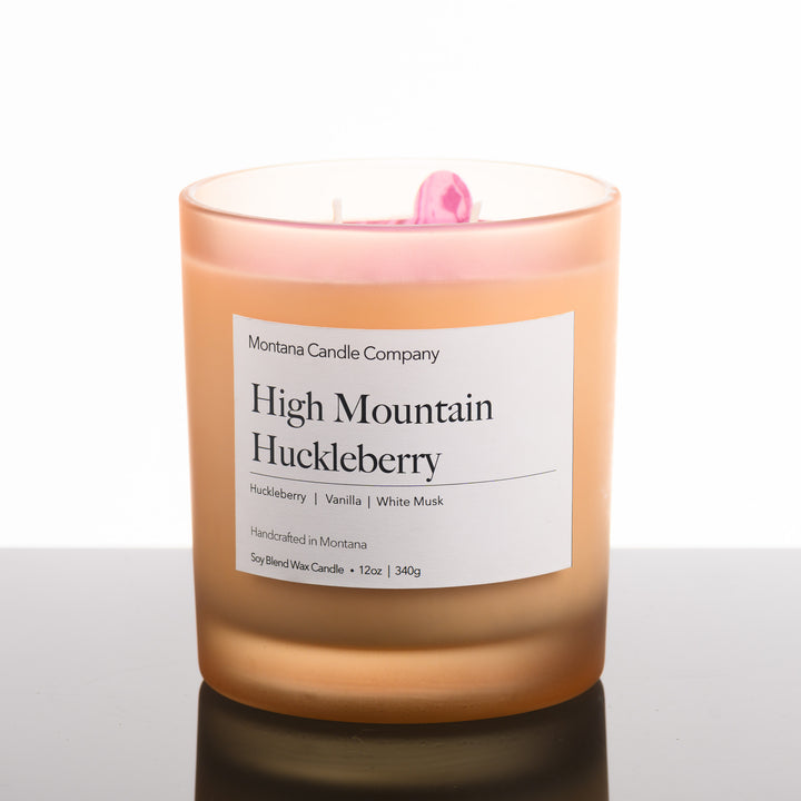 High Mountain Huckleberry Candle soy blend candle handmade in Missoula, Montana by Montana Candle Company, with a blend of Huckleberry, Vanilla, and White Musk, 12 oz. glass tumbler