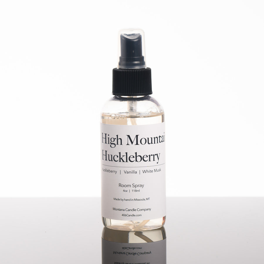 High Mountain Huckleberry Room Spray—room and linen freshener handmade in Missoula, Montana by Montana Candle Company, with a blend of Huckleberry, Vanilla, and White Musk, 4 oz. spray bottle