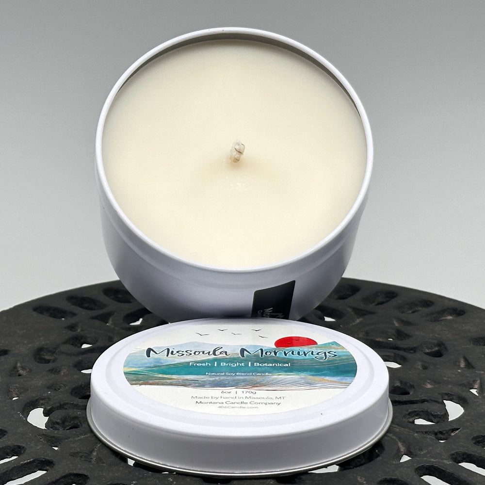 Missoula Mornings Candle soy blend candle handmade in Missoula, Montana by Montana Candle Company, with a fresh, bright, botanical scent, 6 oz. tin