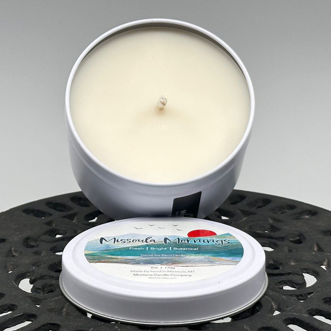 Missoula Mornings Candle soy blend candle handmade in Missoula, Montana by Montana Candle Company, with a fresh, bright, botanical scent, 6 oz. tin