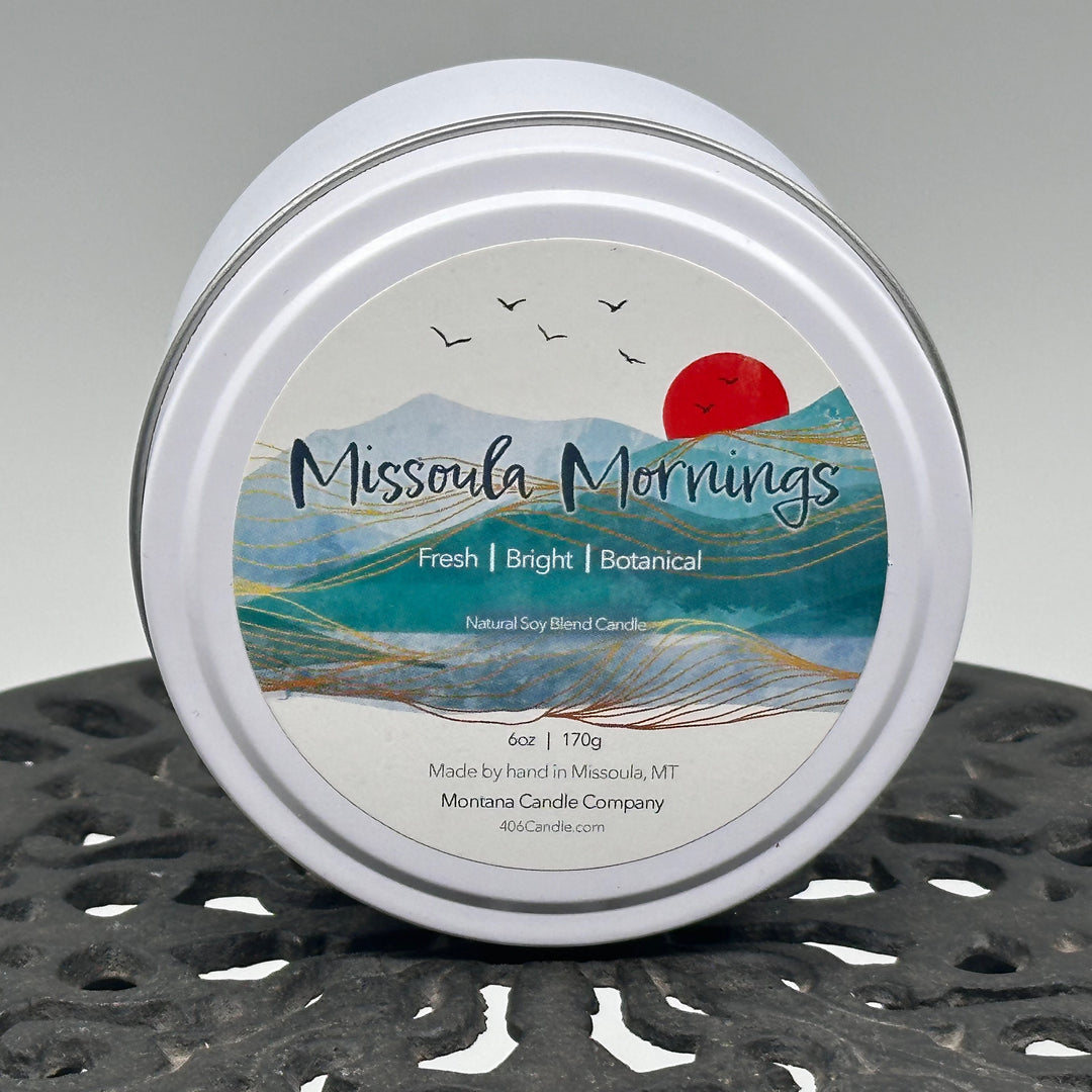 Missoula Mornings Candle soy blend candle handmade in Missoula, Montana by Montana Candle Company, with a fresh, bright, botanical scent, 6 oz. tin