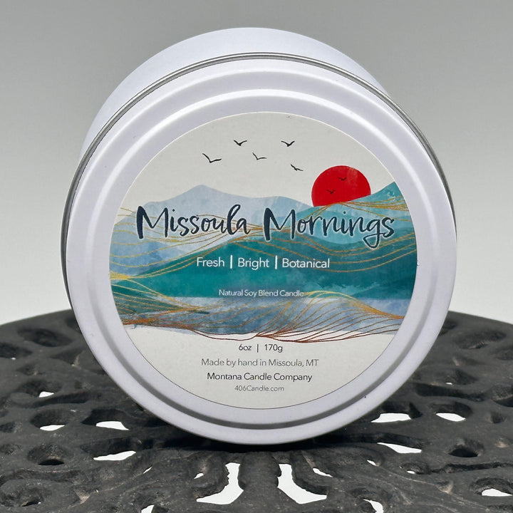 Missoula Mornings Candle soy blend candle handmade in Missoula, Montana by Montana Candle Company, with a fresh, bright, botanical scent, 6 oz. tin