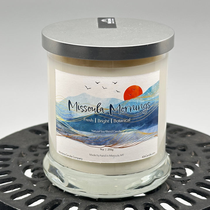 Missoula Mornings Candle soy blend candle handmade in Missoula, Montana by Montana Candle Company, with a fresh, bright, botanical scent, 9 oz. glass tumbler