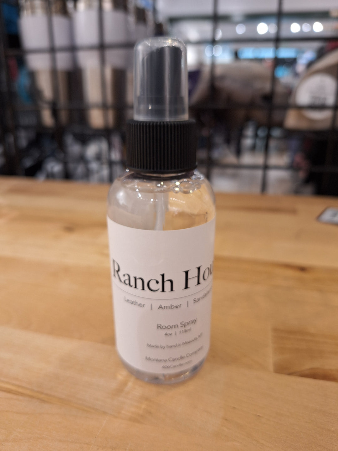 4 oz. spray bottle of Ranch House Room Spray (leather, amber, and sandalwood scents), made in Montana USA by Montana Candle Company