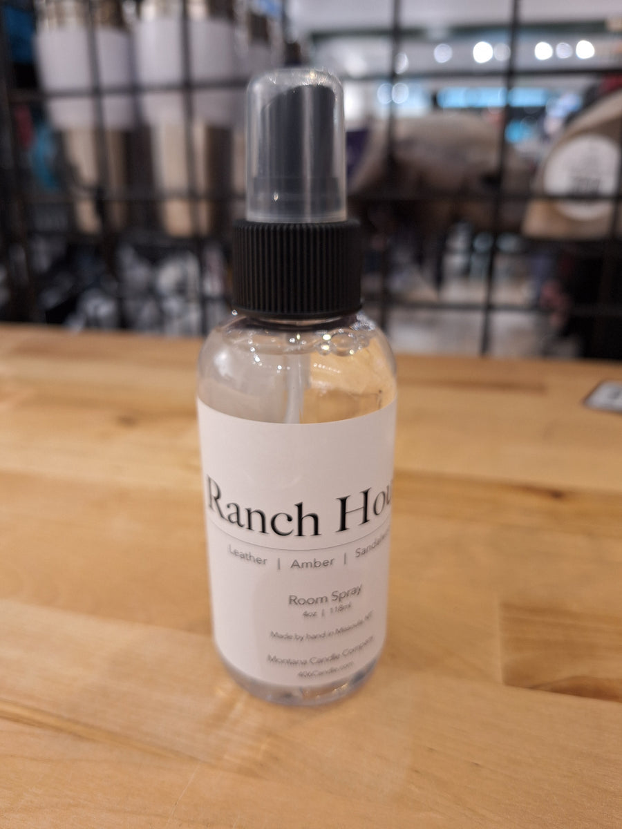 4 oz. spray bottle of Ranch House Room Spray (leather, amber, and sandalwood scents), made in Montana USA by Montana Candle Company
