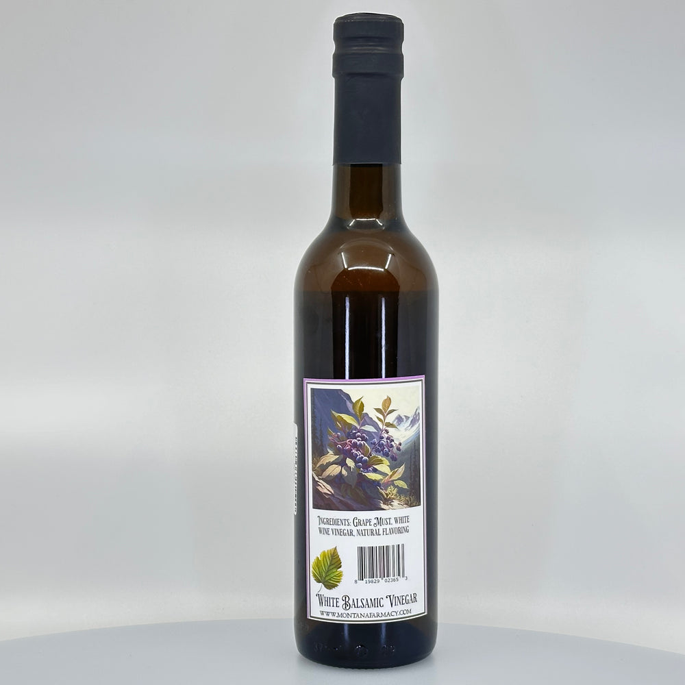 375 ml bottle of Iced Huckleberry White Balsamic, made in Montana by Montana Pharmacy, ingredients