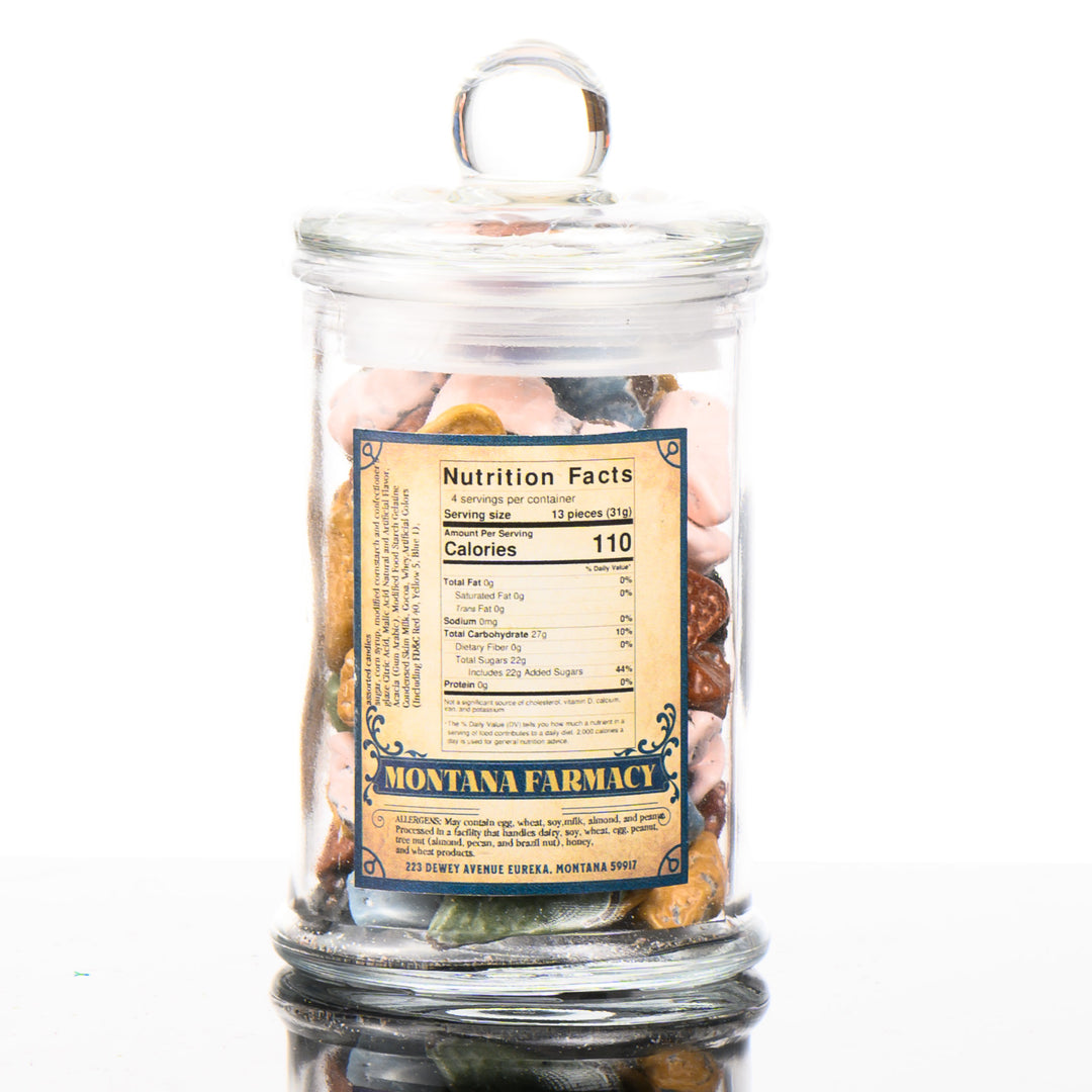 MT Farmacy Old Fashioned Goodness Candy--Candy Rocks--in a glass jar, nutrition facts and ingredients