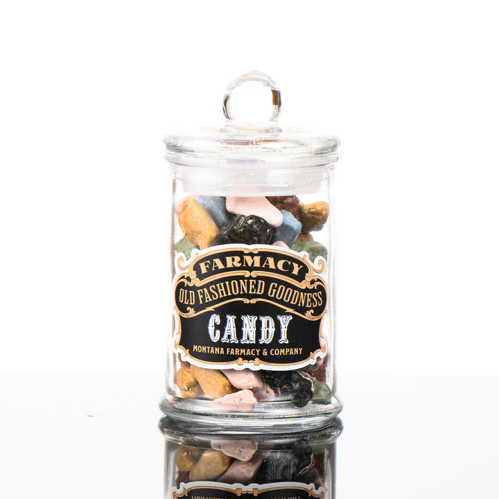 Montana Farmacy Old Fashioned Goodness Candy--Candy Rocks--in a glass jar, front